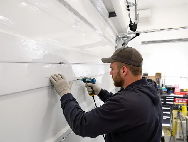Storrs Garage Door Repair technician demonstrating precision dent removal techniques on a Storrs garage door