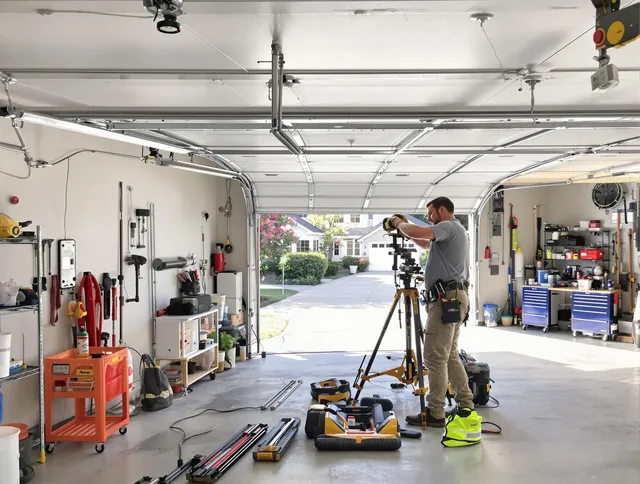 Storrs Garage Door Repair specialist performing laser-guided track alignment in Storrs